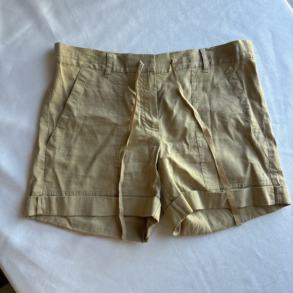 Theory Khaki Green Drawstring Linen-Blend Women’s Shorts